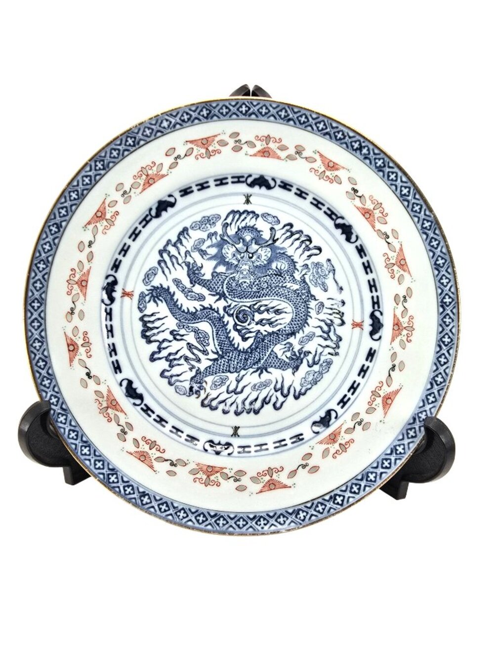 Antique Chinese Dragon Motif Porcelain Dinner Plate Blue & Red Design JE301